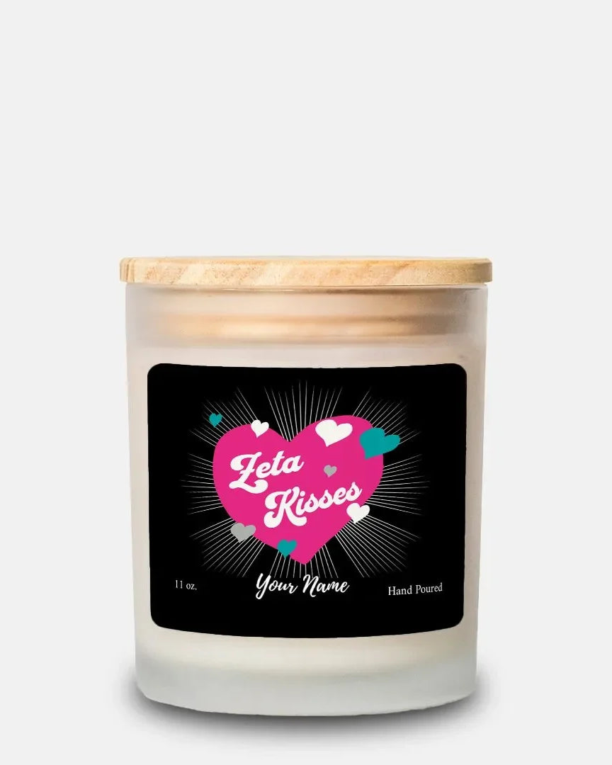 Personalized Zeta Kisses Frosted Glass Candle (Hand Poured 11 oz) Candles