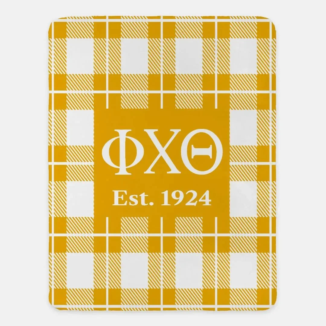 Phi Chi Theta XL 60x80 Sherpa Blanket - Gold Plaid Throw Blankets
