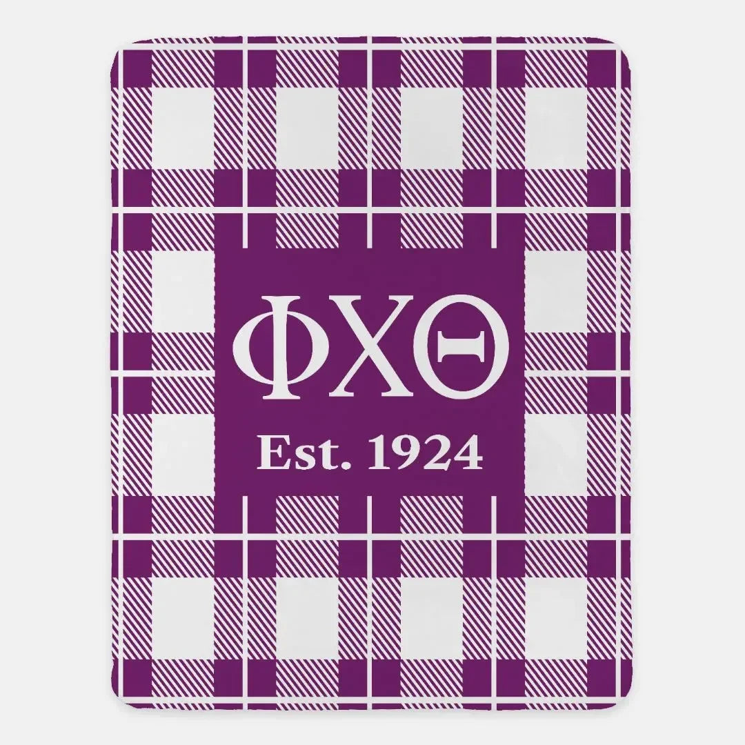 Phi Chi Theta XL 60x80 Sherpa Blanket - Purple Plaid Throw Blankets