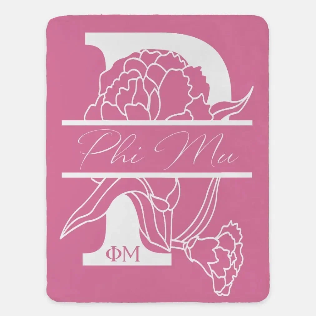 Phi Mu XL 60x80 Sherpa Throw Blanket - Carnation Monogram Magnolia