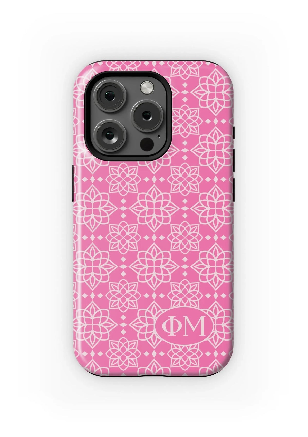 Phi Mu iPhone 16, 15, 14 Mobile Phone Case - Pink Ornate Matte Mobile Phone Cases
