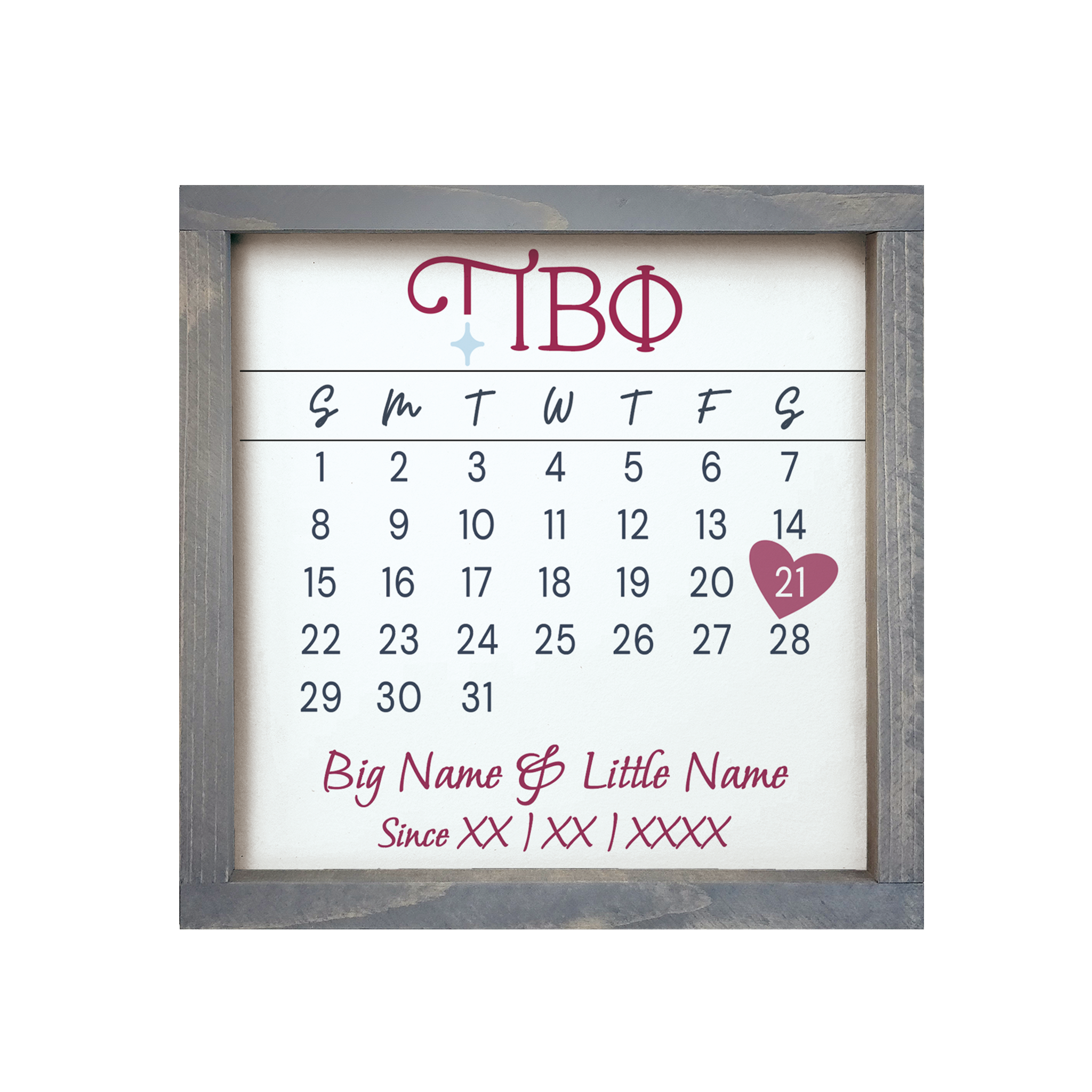 Pi Beta Phi Personalized Big Little Calendar Framed Sign - 12x12