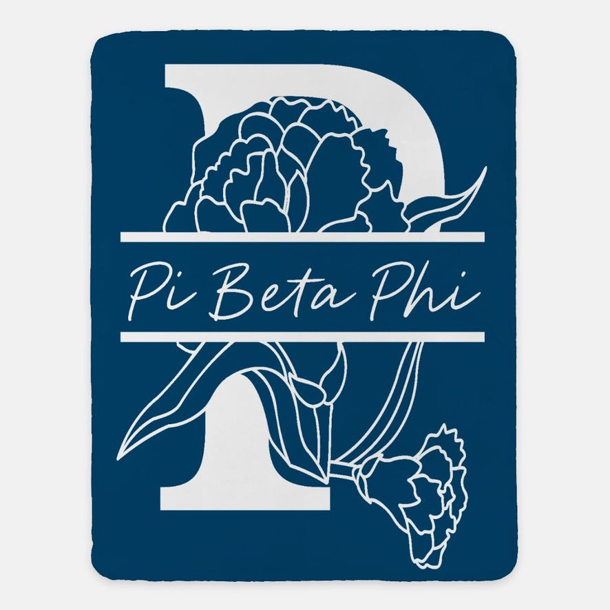 Pi Beta Phi XL 60x80 Sherpa Throw Blanket Carnation Monogram Dark Blue