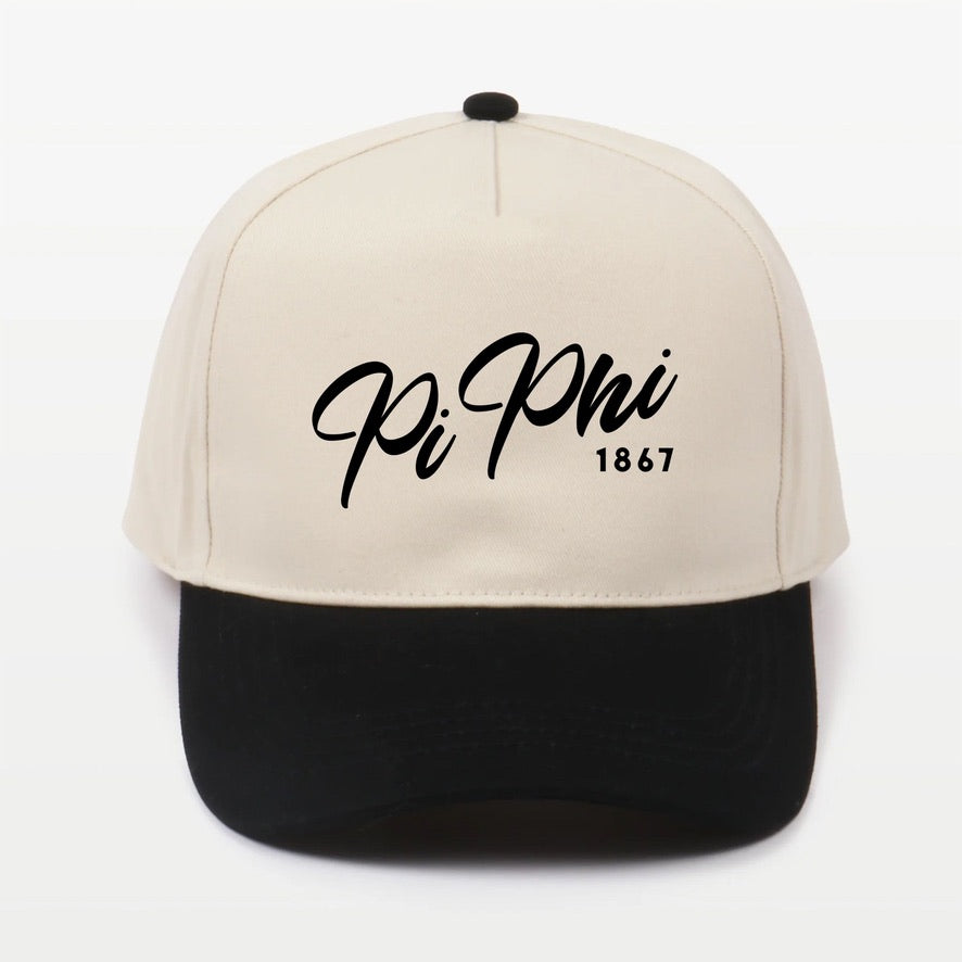 Pi Phi Embroidered Two Tone Baseball Cap Hat Script 1867 Black