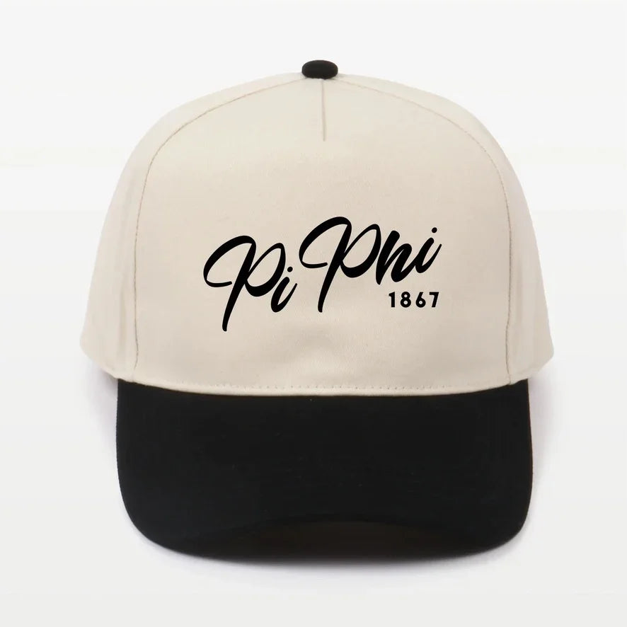 Pi Phi Embroidered Two Tone Baseball Cap Hat Script 1867 Black