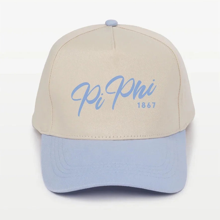 Pi Phi Embroidered Two Tone Baseball Cap Hat Script 1867 Blue