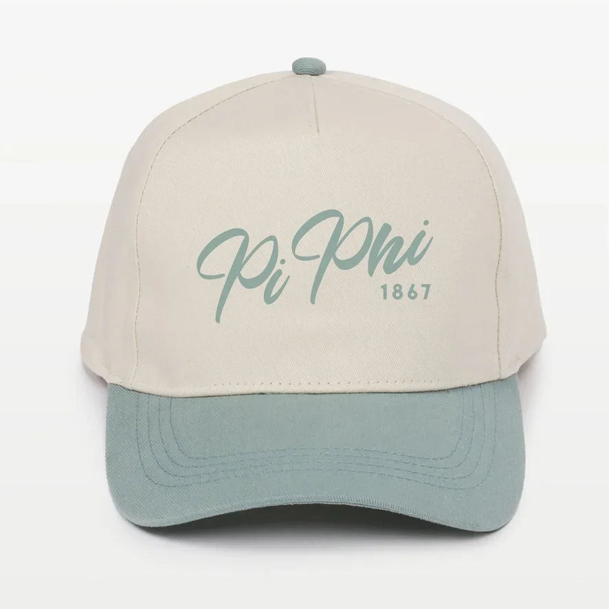Pi Phi Embroidered Two Tone Baseball Cap Hat Script 1867 Green