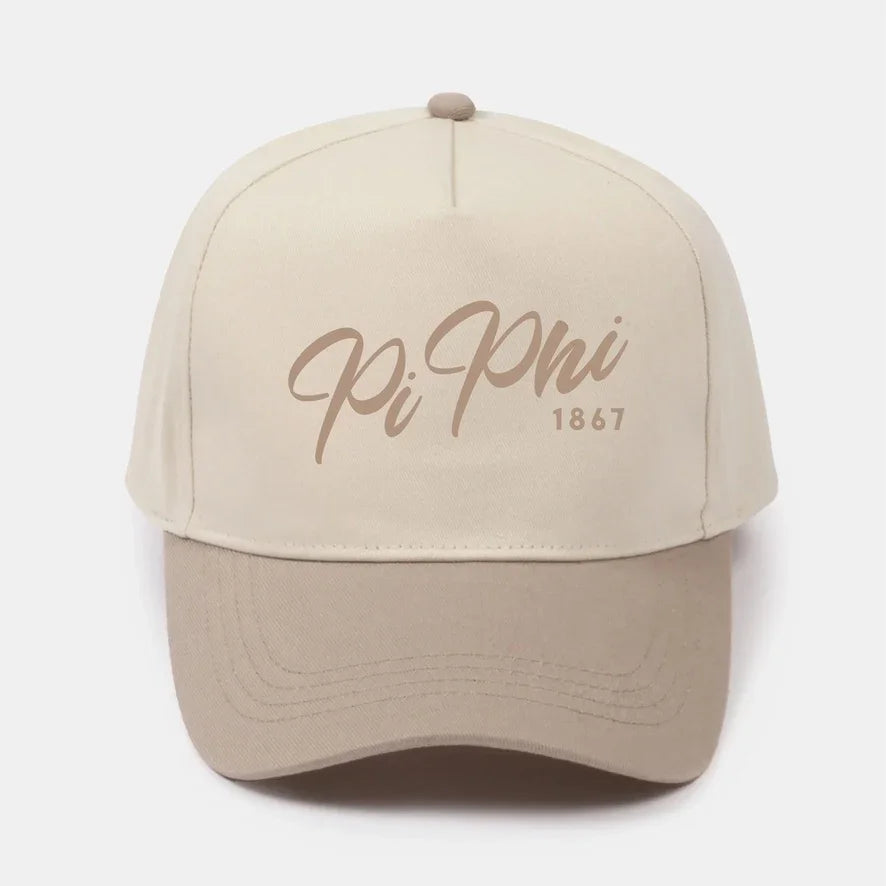 Pi Phi Embroidered Two Tone Baseball Cap Hat Script 1867 Tan