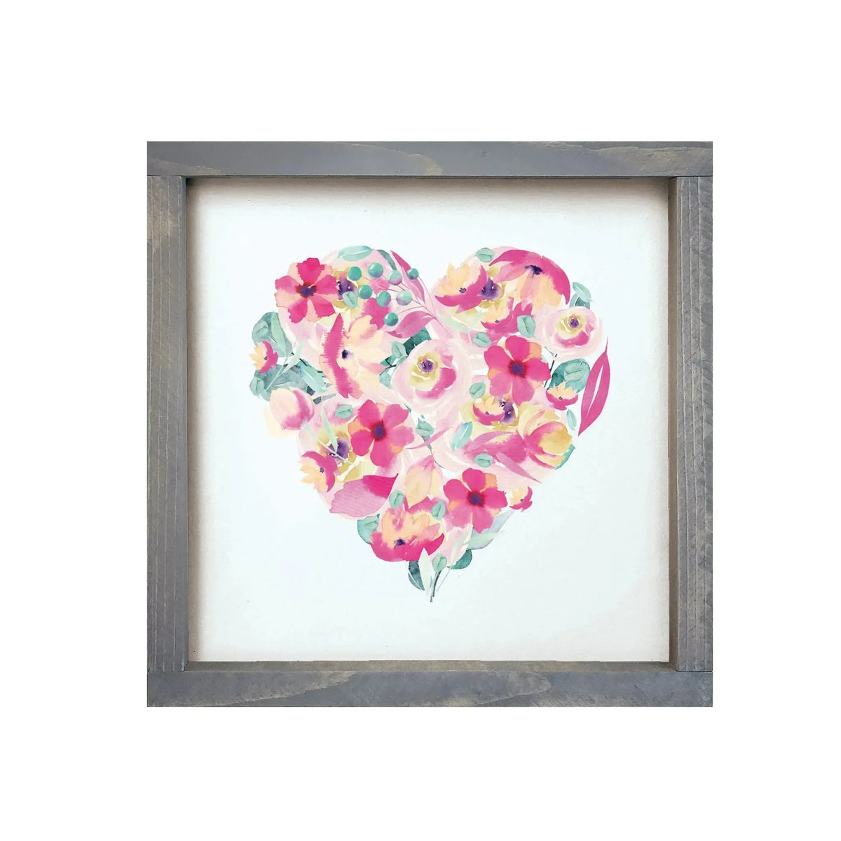 Floral Heart - Pink and Aqua Framed Wood Sign - 12"x12" Weathered Gray Wall Art & Signs
