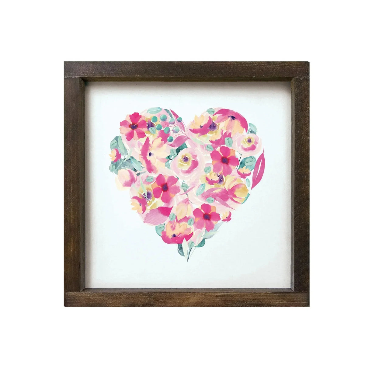Floral Heart - Pink and Aqua Framed Wood Sign - 12"x12" Walnut Frame Wall Art & Signs