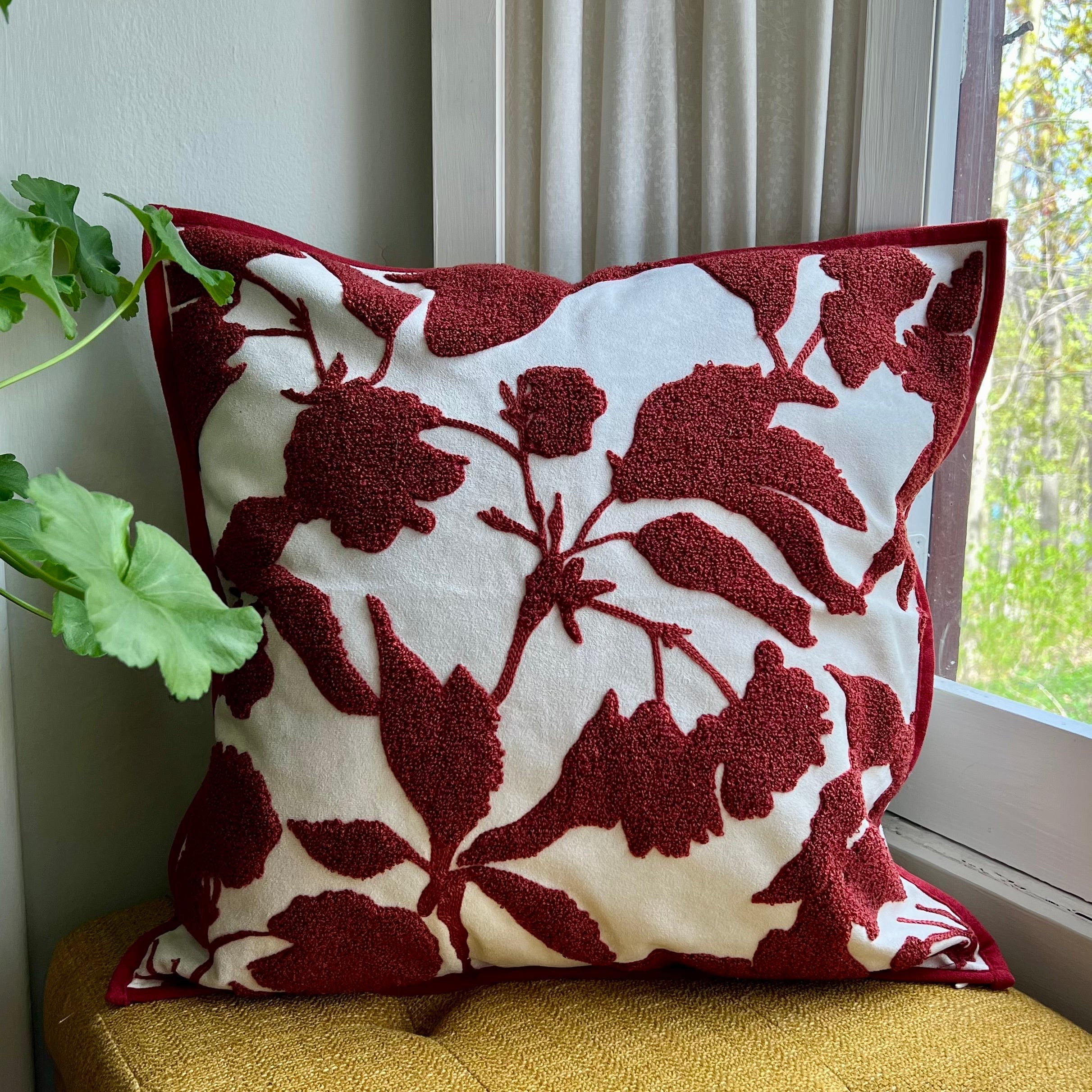 Red and White Floral Embroidered Pillow Cover | Bold Dorm Decor