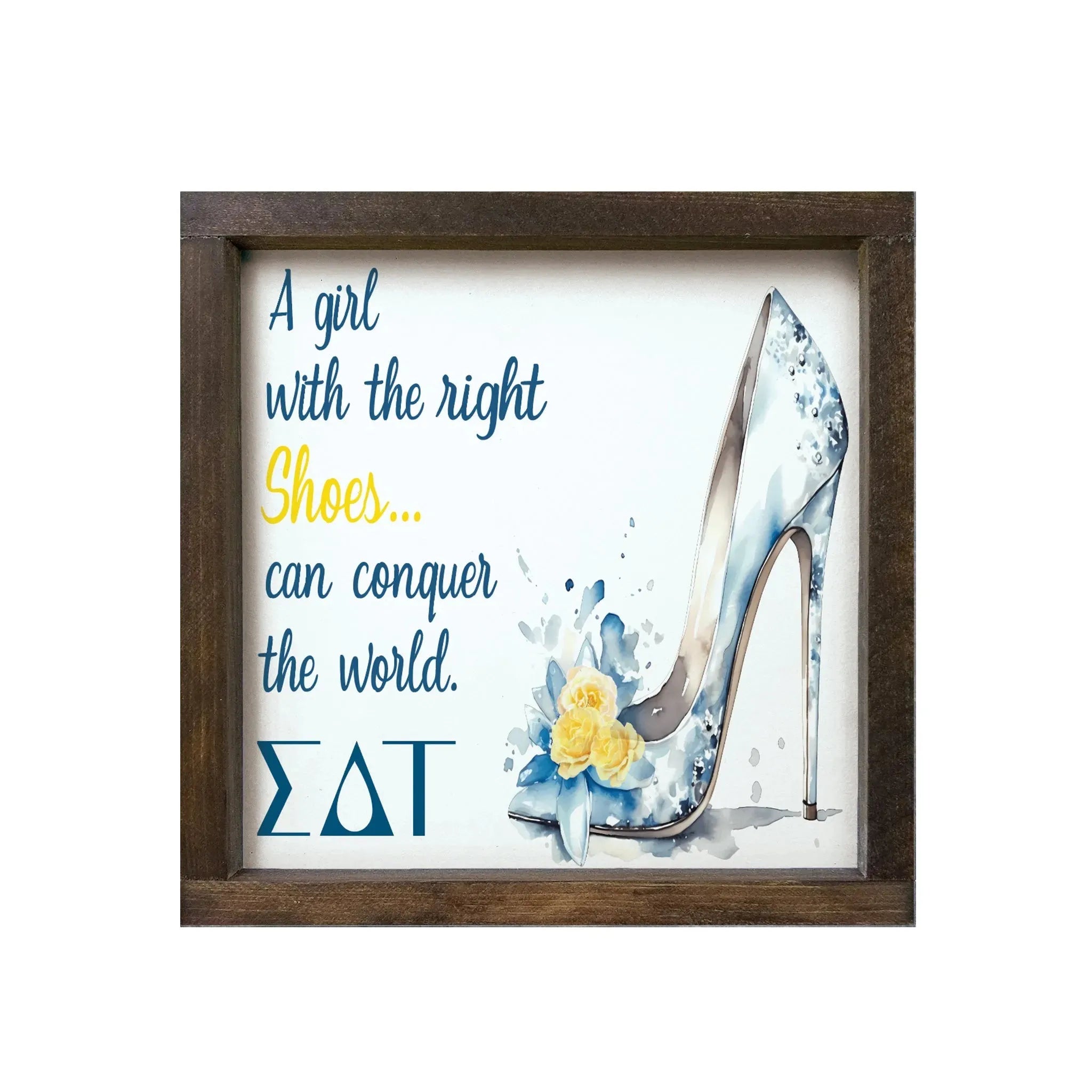 Sigma Delta Tau 12x12 Wood Framed Sign - The Right Shoes Walnut Stain Wall Art & Signs