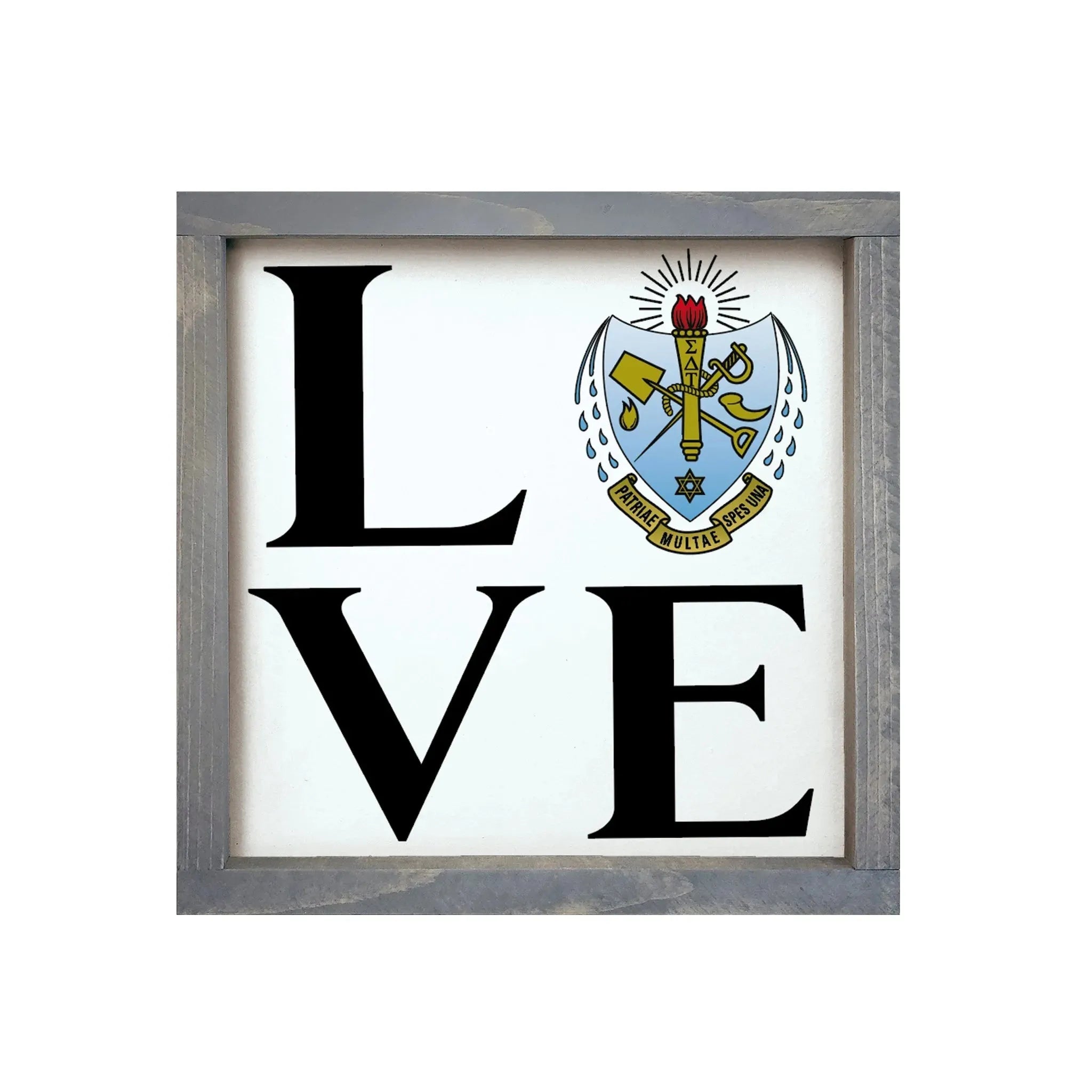 Sigma Delta Tau 12x12 Wood Framed Sign - LOVE Crest Weathered Gray Wall Art & Signs