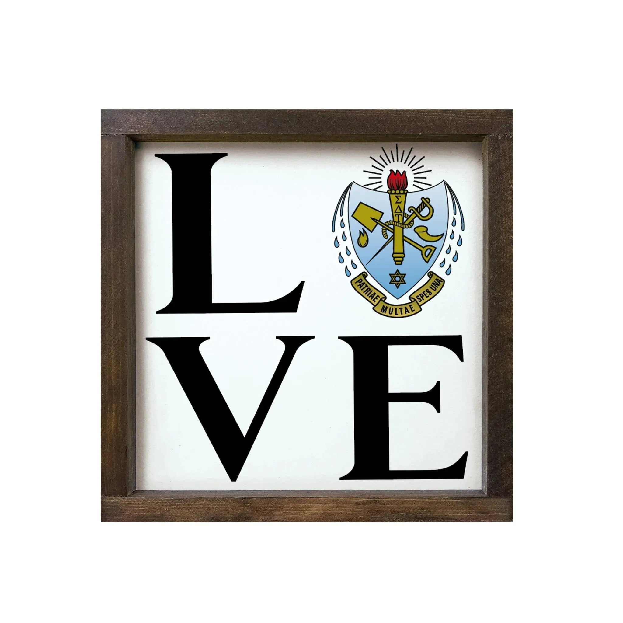 Sigma Delta Tau 12x12 Wood Framed Sign - LOVE Crest Walnut Stain Wall Art & Signs