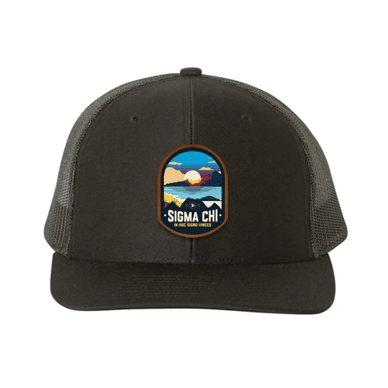 Sigma Chi Richardson 112 UV Print Leatherette Patch Trucker Hat - Ventura Black Black Trucker Hat