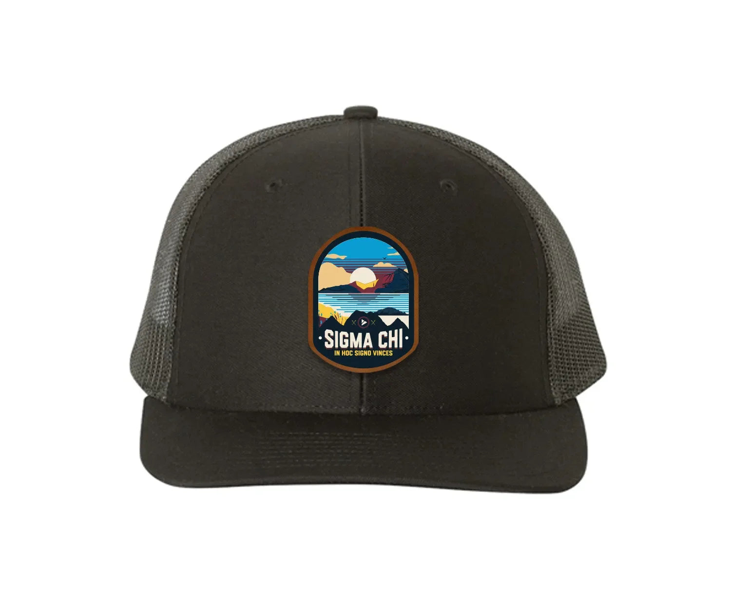 Sigma Chi Richardson 112 UV Print Leatherette Patch Trucker Hat - Ventura Black Black Trucker Hat