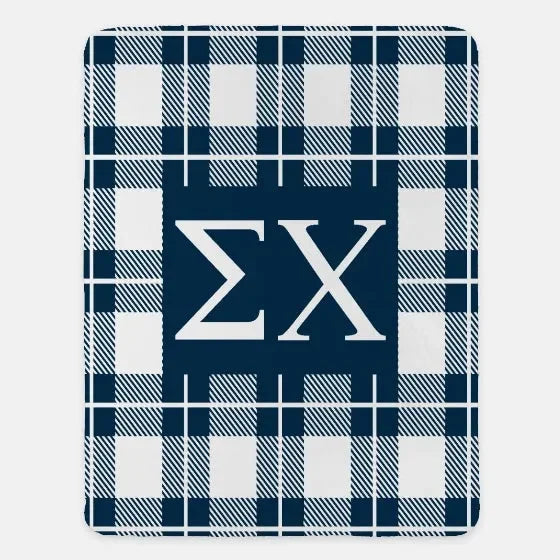 Sigma Chi XL 60x80 Sherpa Throw Blanket - Plaid Deep Blue Throw Blankets