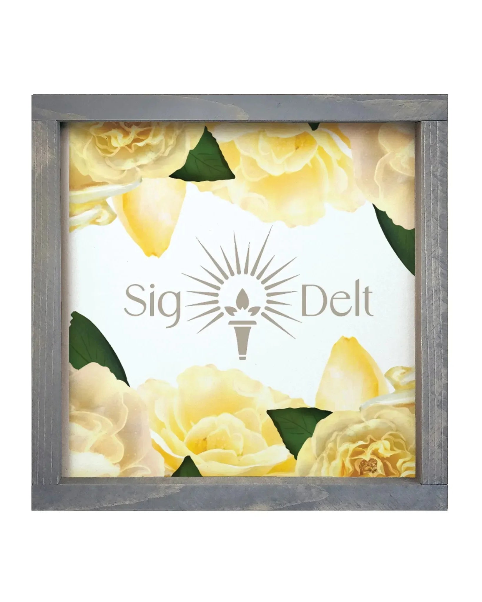 Sigma Delta Tau 12x12 Framed Sign - Yellow Roses Weathered Gray Wall Art & Signs