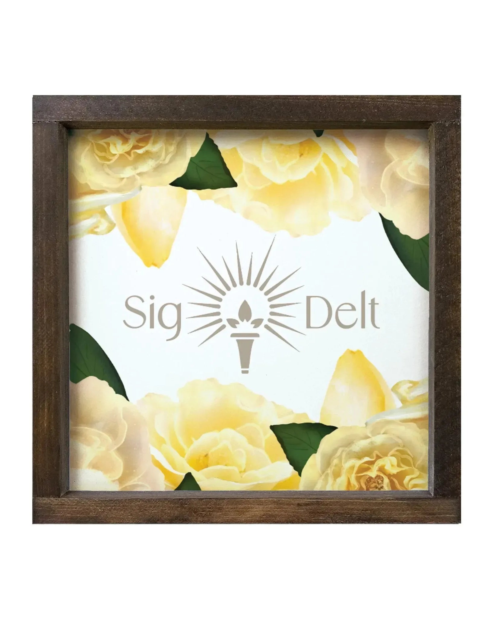 Sigma Delta Tau 12x12 Framed Sign - Yellow Roses Walnut Stain Wall Art & Signs