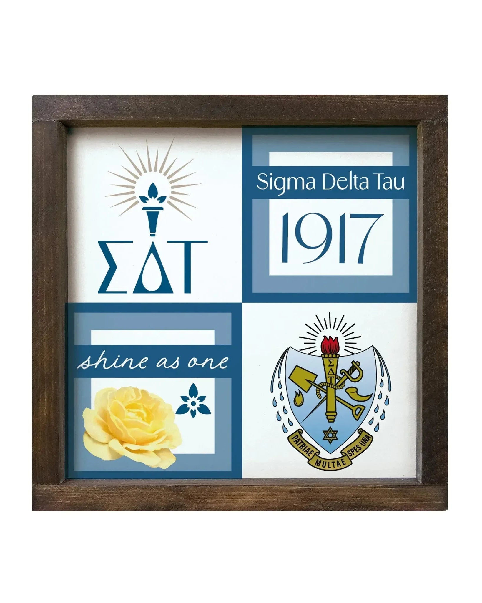 Sigma Delta Tau 12x12 Wood Framed Sign - Classic Color Block Walnut Stain Wall Art & Signs