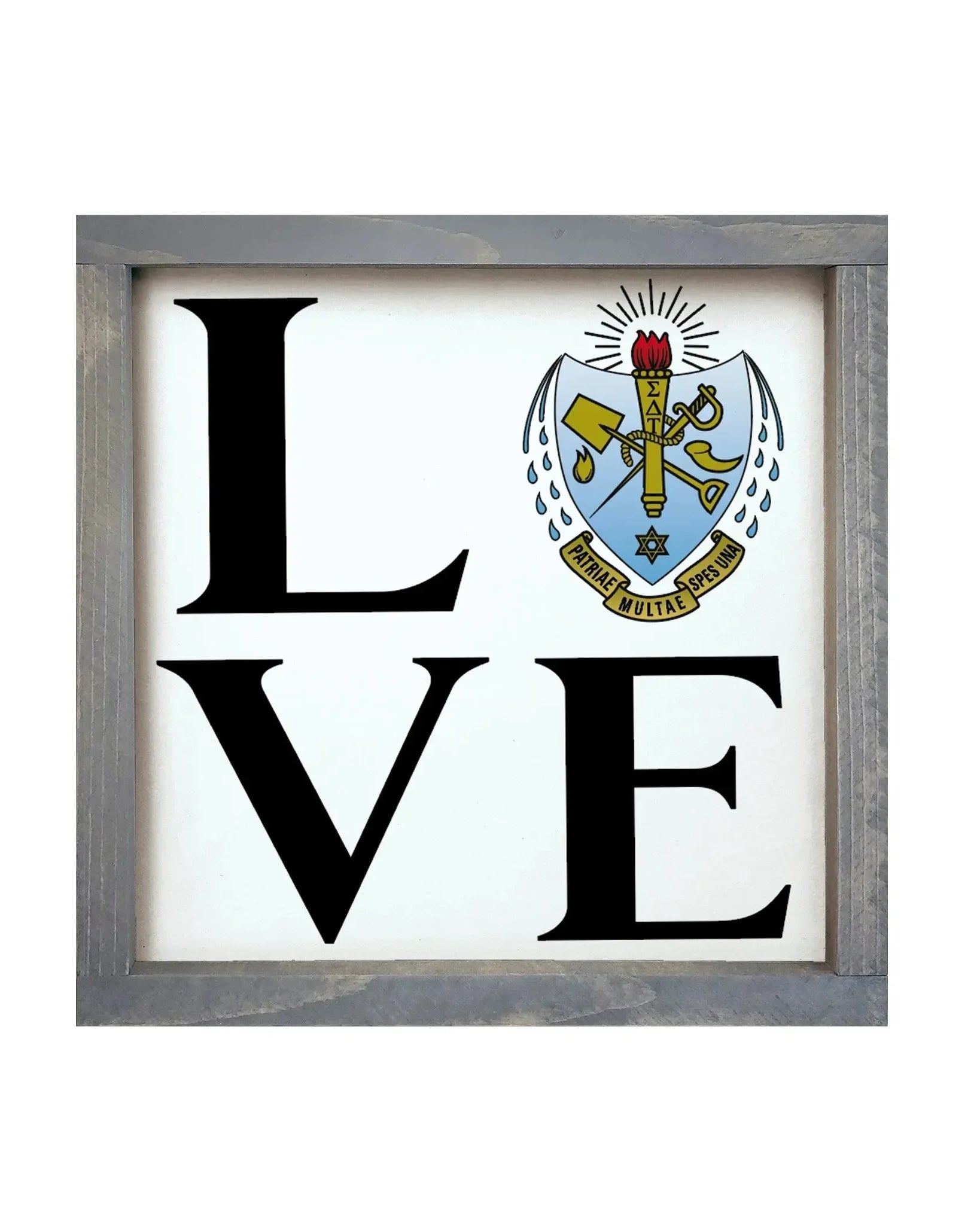 Sigma Delta Tau 12x12 Wood Framed Sign - LOVE Crest Weathered Gray Wall Art & Signs