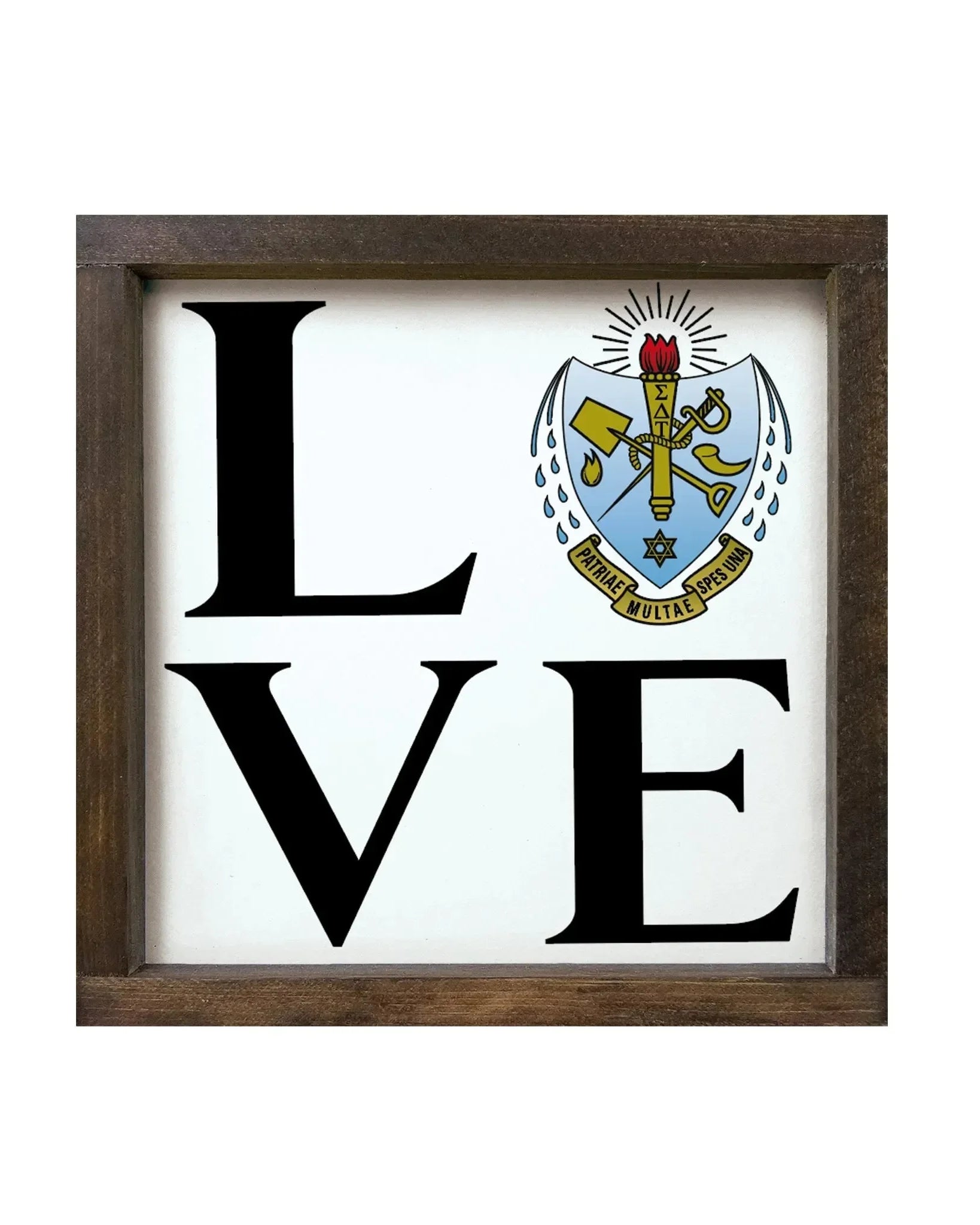 Sigma Delta Tau 12x12 Wood Framed Sign - LOVE Crest Walnut Stain Wall Art & Signs
