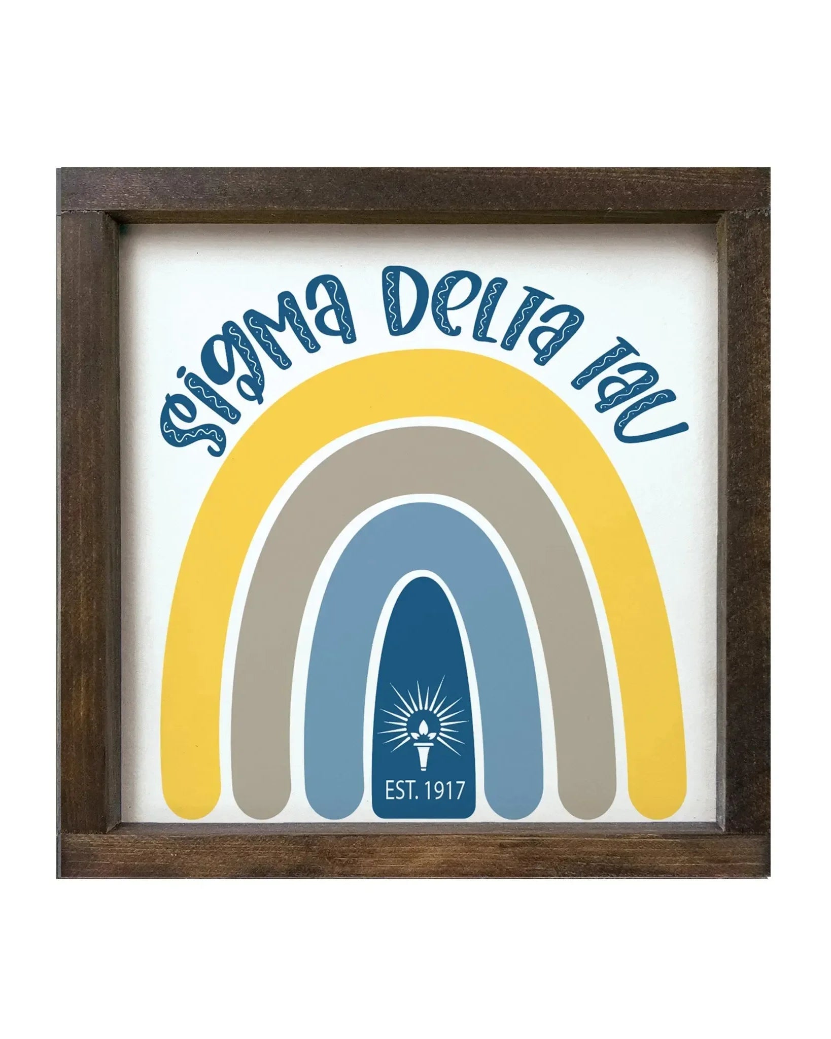 Sigma Delta Tau 12x12 Wood Framed Sign - Rainbow Walnut Stain Wall Art & Signs