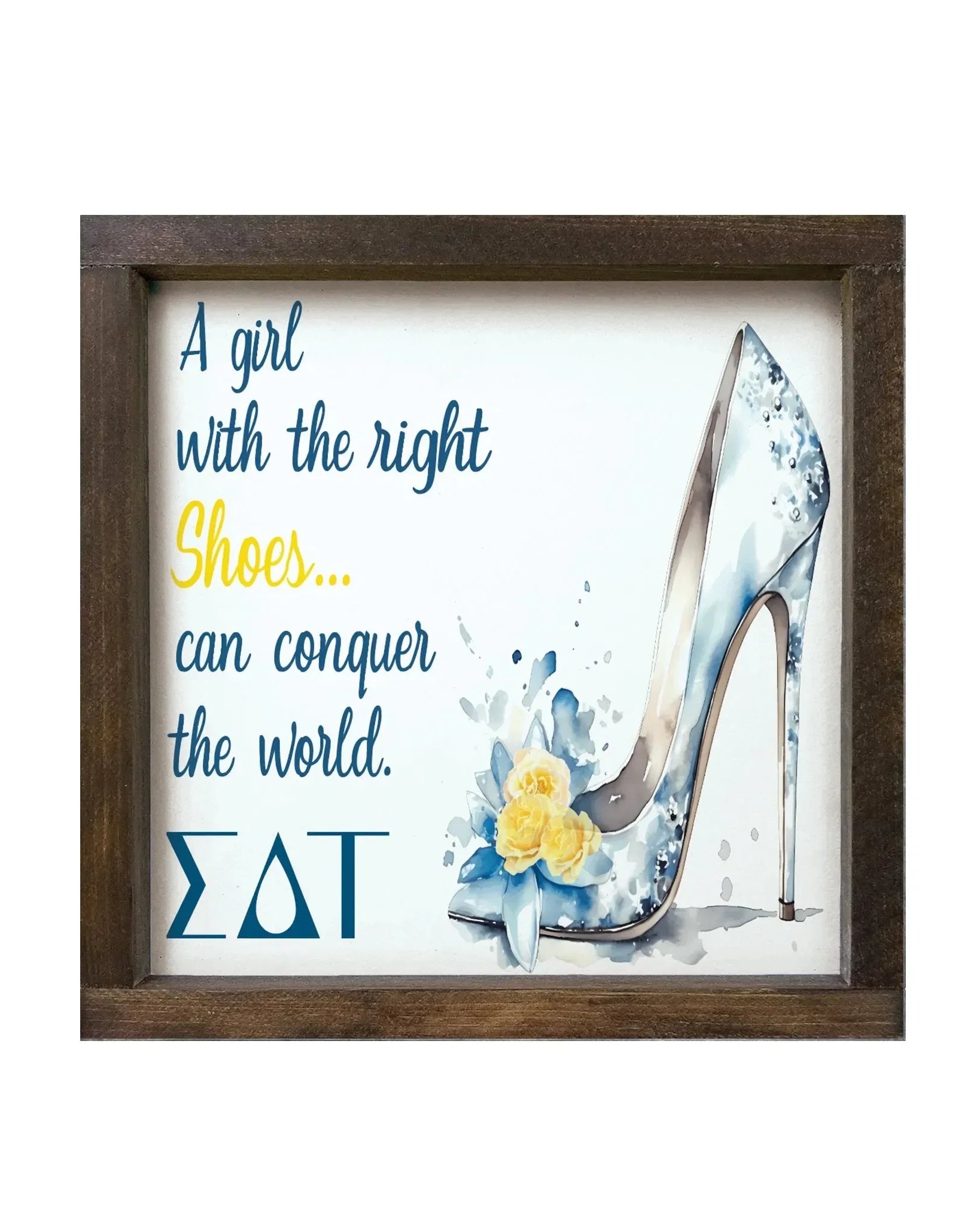 Sigma Delta Tau 12x12 Wood Framed Sign - The Right Shoes Walnut Stain Wall Art & Signs