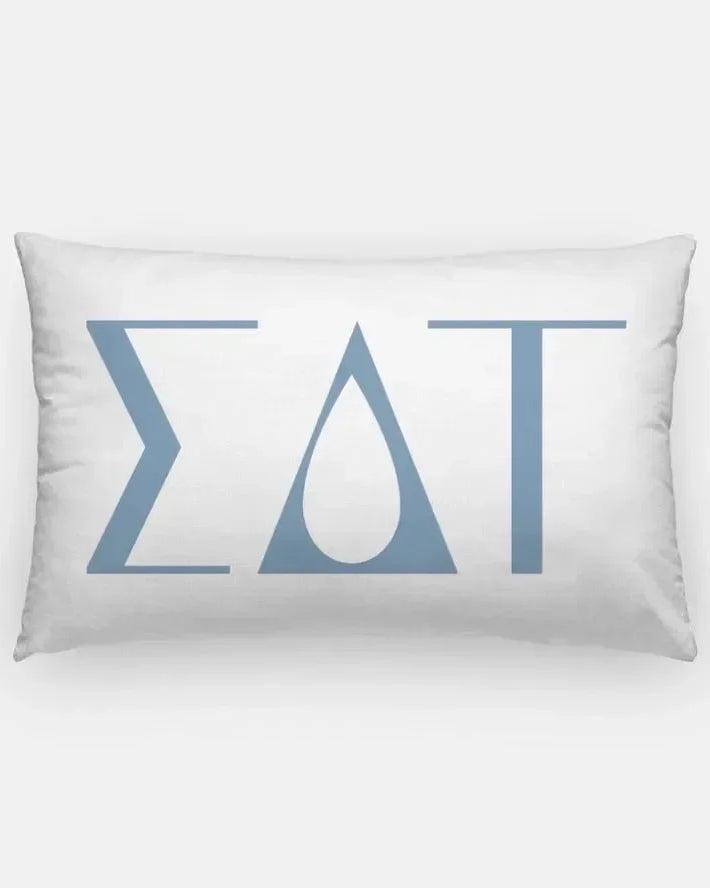 Sigma Delta Tau Lumbar Pillow - Knockout Greek Letters White Droplet Blue