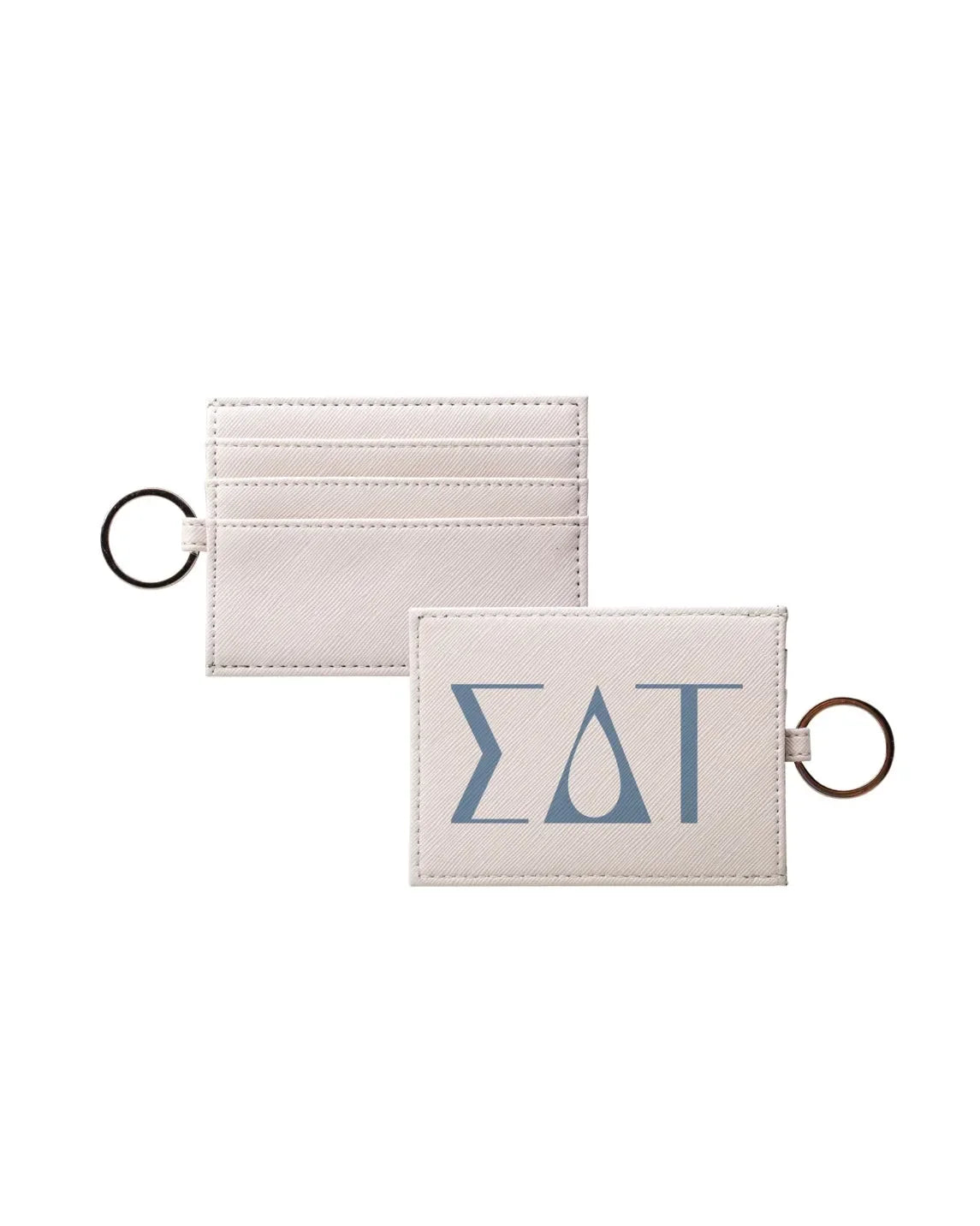 Sigma Delta Tau Vegan Saffiano Leather Keychain Card Holder - Greek Letters Droplet Blue Travel Wallet