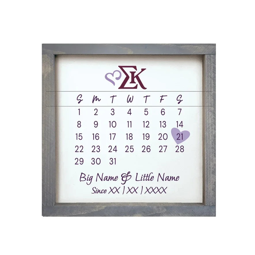 Sigma Kappa Personalized Big Little Calendar Framed Sign - 12x12