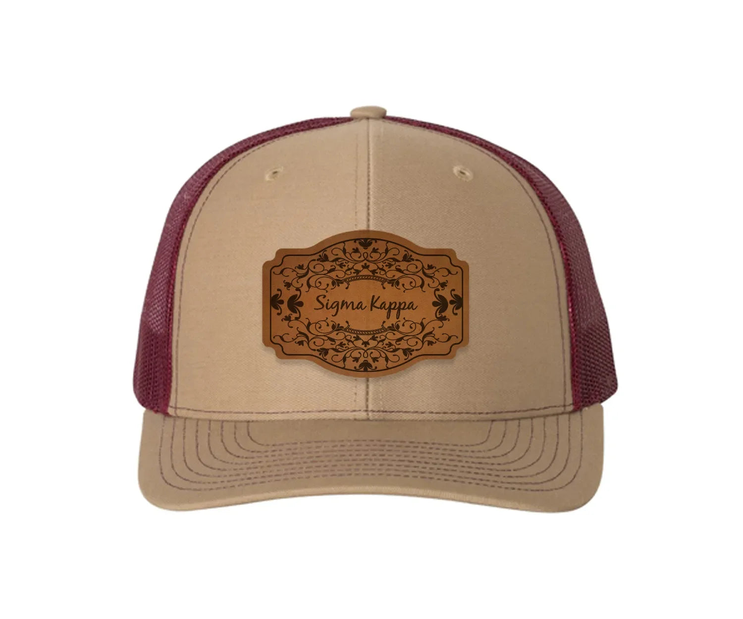 Sigma Kappa Richardson 112 Leatherette Patch Trucker Hat - Scroll Khaki Burgundy Trucker Hat