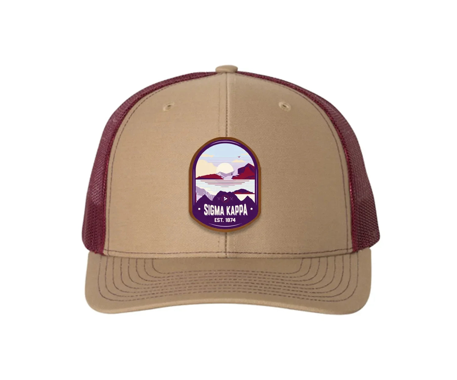 Sigma Kappa Richardson 112 UV Print Leatherette Patch Trucker Hat - Ventura Khaki Burgundy Trucker Hat