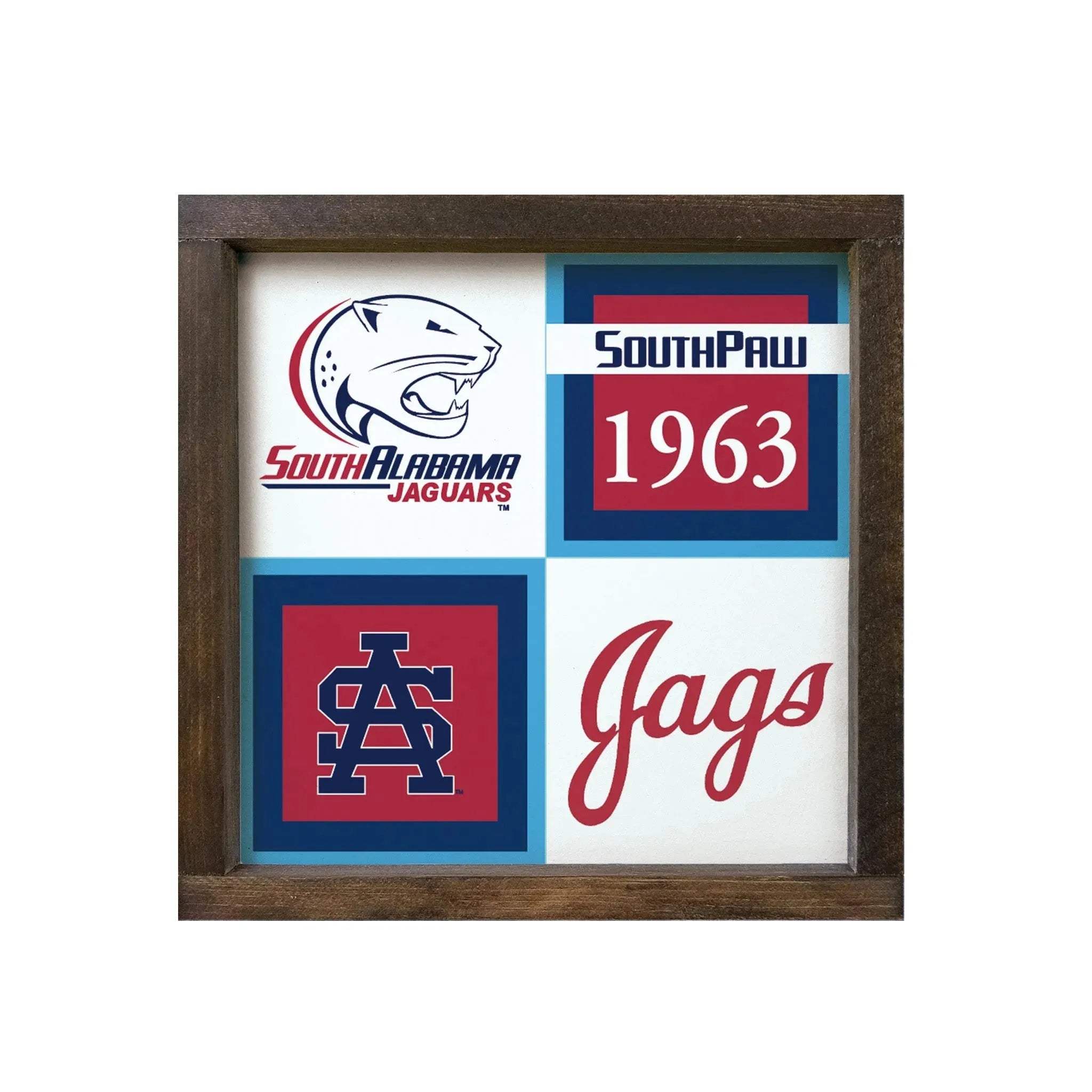 University of South Alabama 12x12 Wood Framed Sign - Classic Color Block Walnut Stain Wall Art & Signs