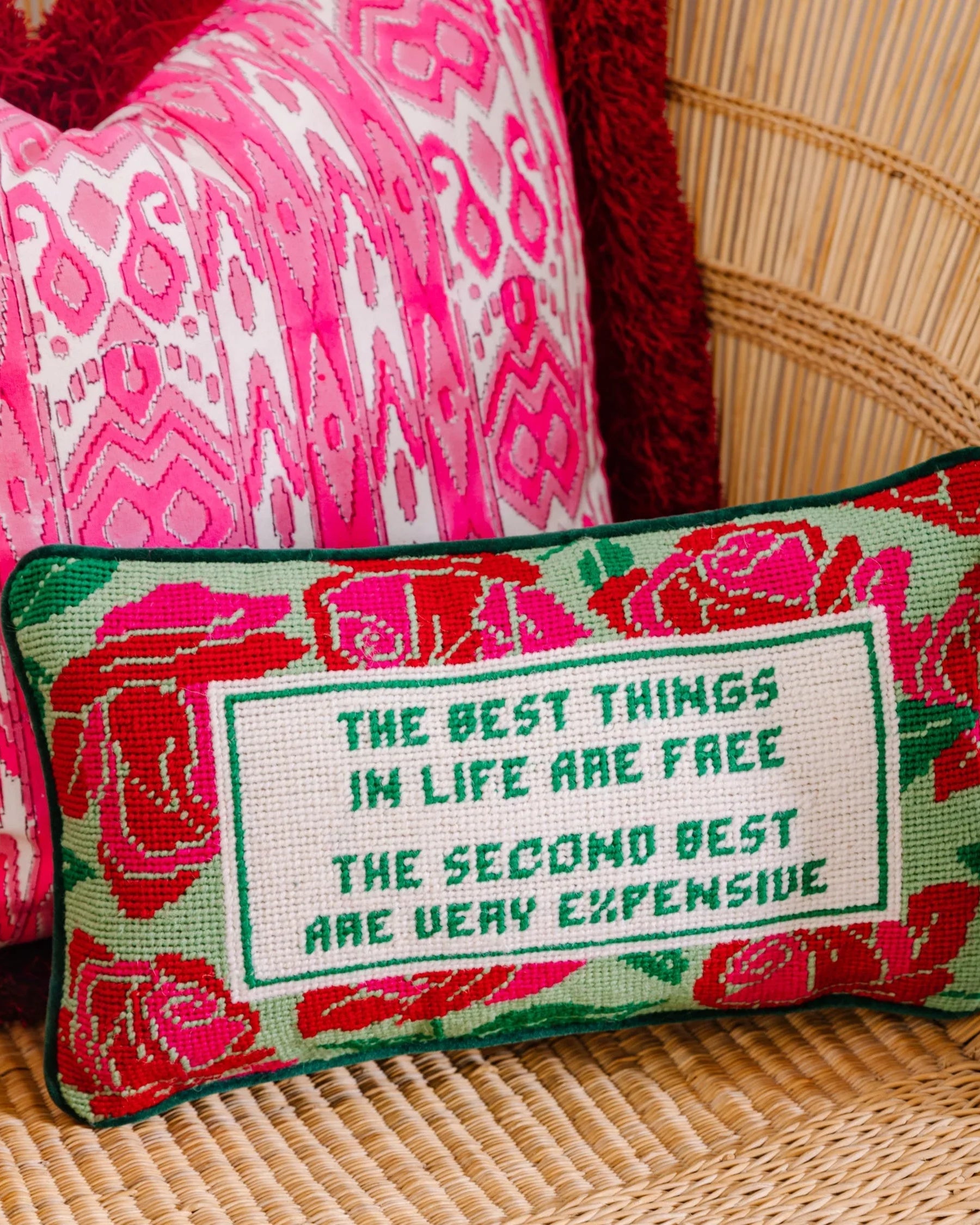 Best Things In Life Needlepoint Pillow | Vintage-inspired Dorm Decor
