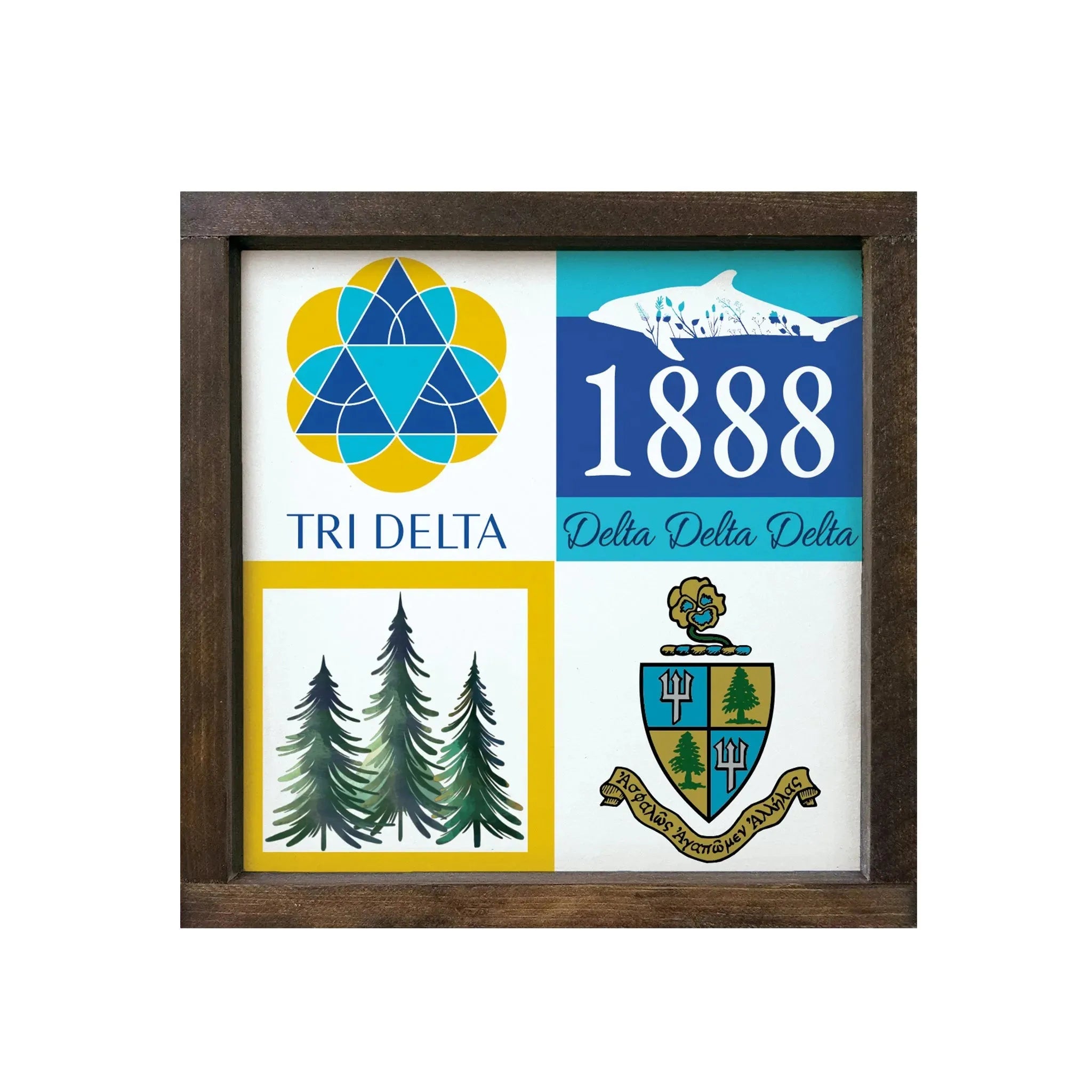 Tri Delta 12x12 Wood Framed Sign - Pine Tree Classic Color Block Walnut Stain Wall Art & Signs