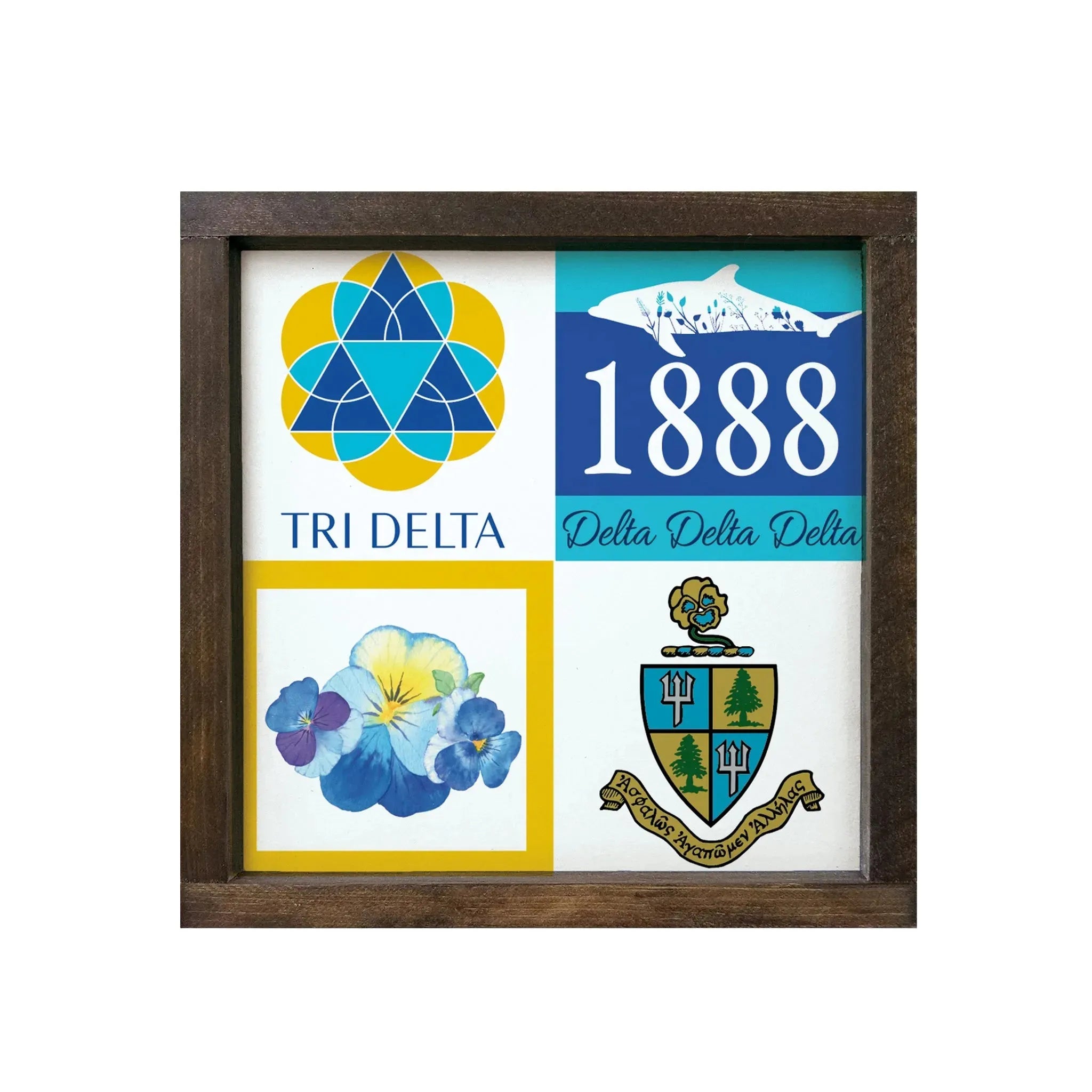 Tri Delta Wood Framed Sign - Pansy Classic Color Block Walnut Stain Wall Art & Signs