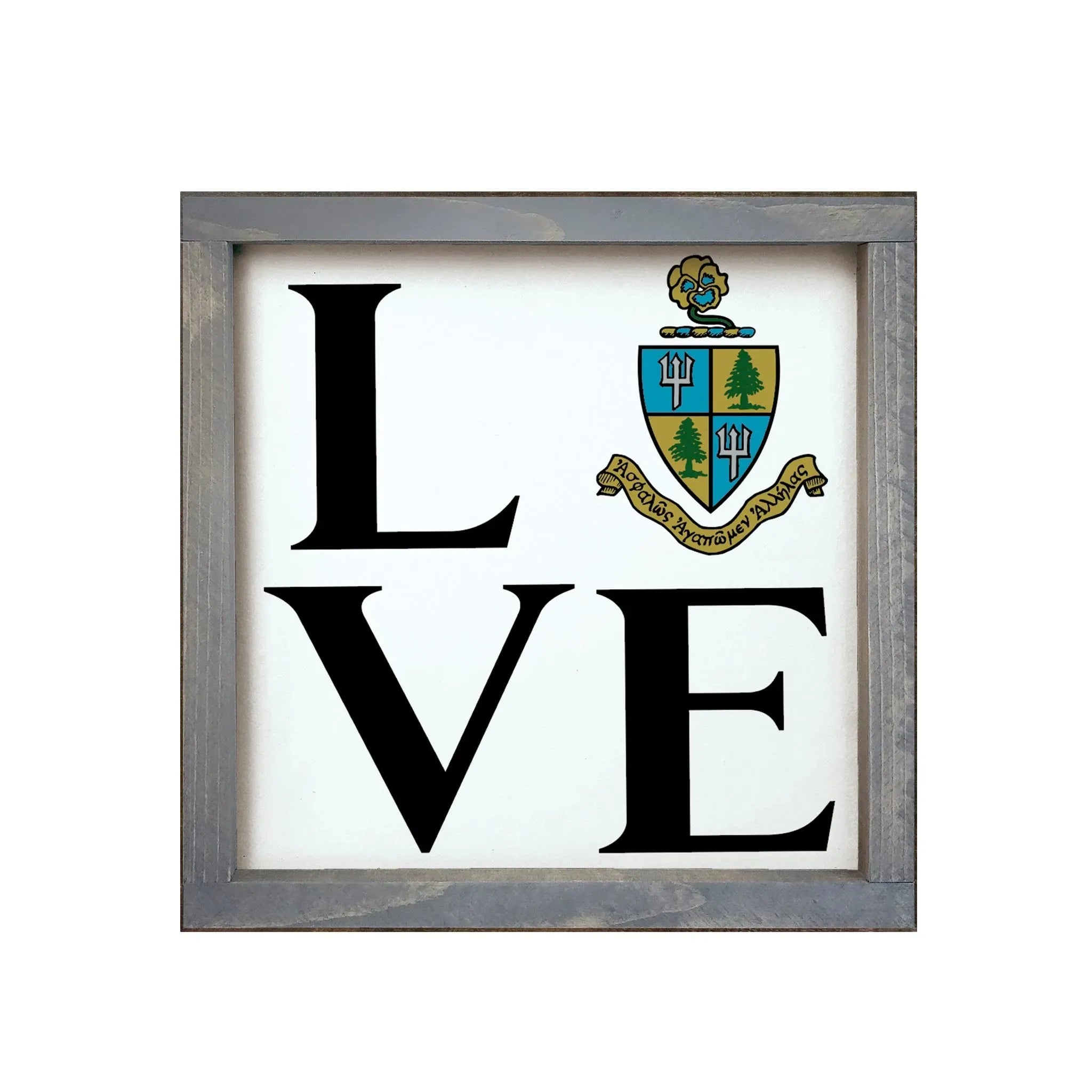 Tri Delta 12x12 "LOVE" Wood Framed Sign - Coat of Arms Weathered Gray Wall Art & Signs