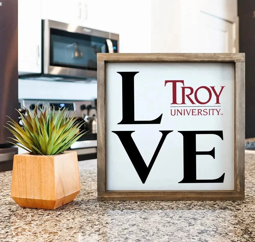 Troy University 12x12 Wood Framed Sign - "LOVE" Traditional Logo - 12"x12" Wall Art & Signs