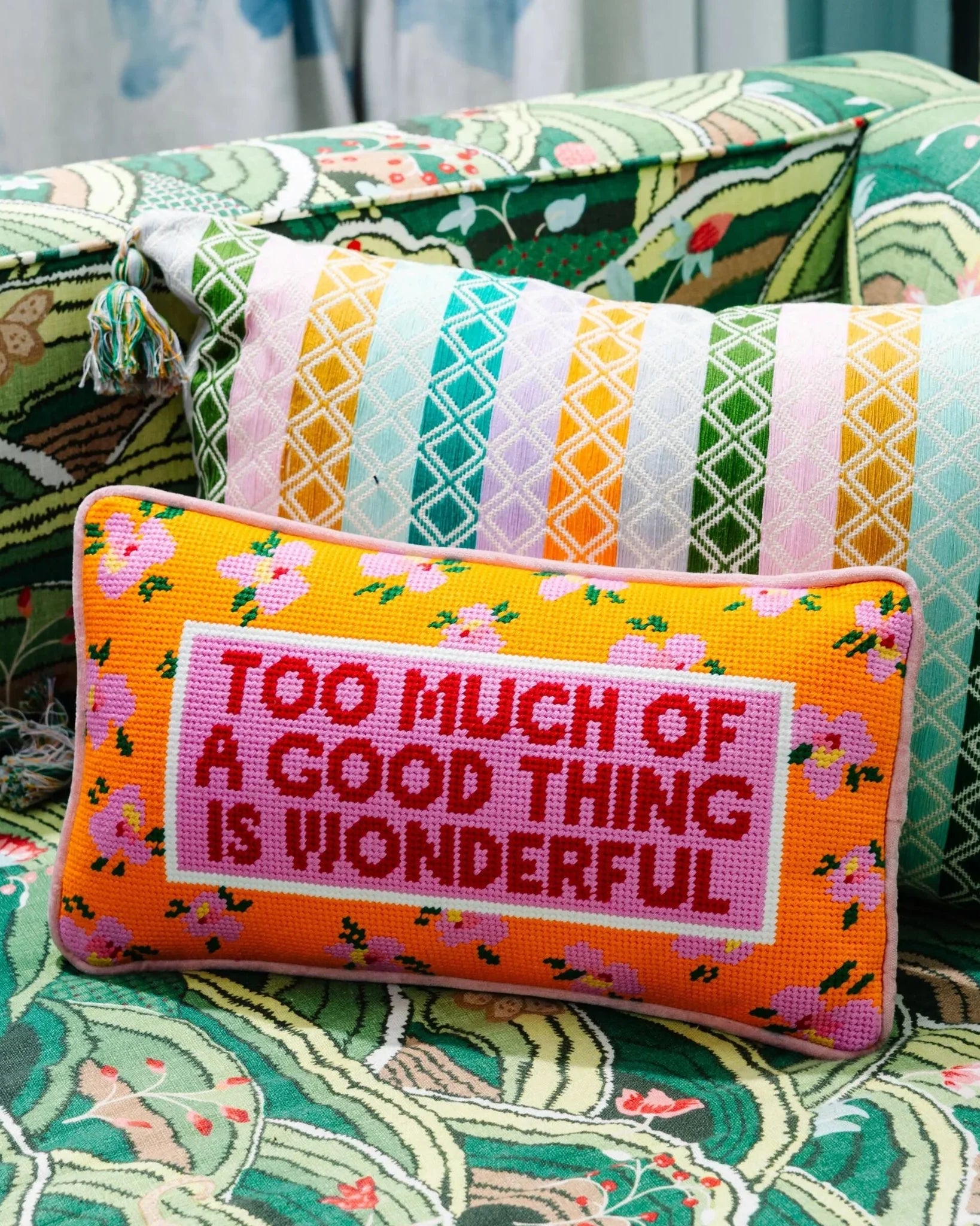 Too Much of a Good Thing Needlepoint Pillow | Dorm Decor
