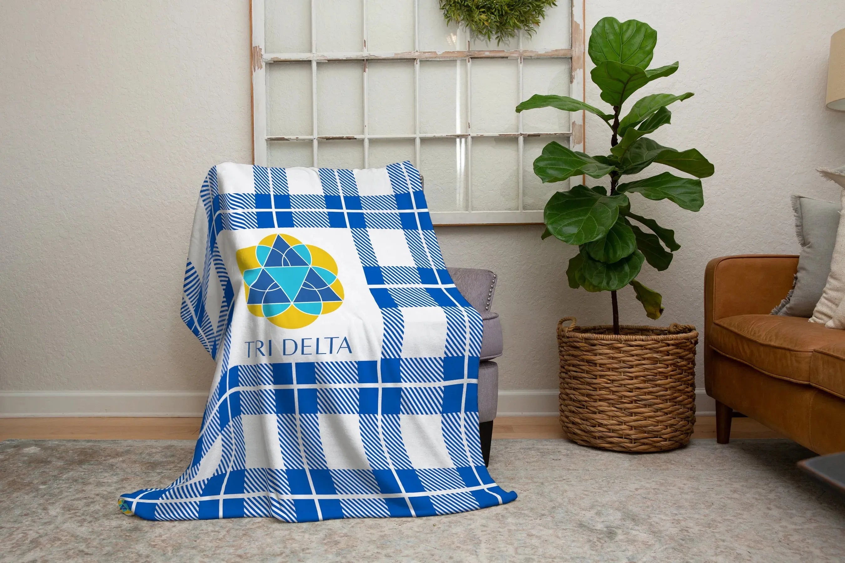 Tri Delta XL 60x80 Plaid Sherpa Blanket - Blue Throw Blankets