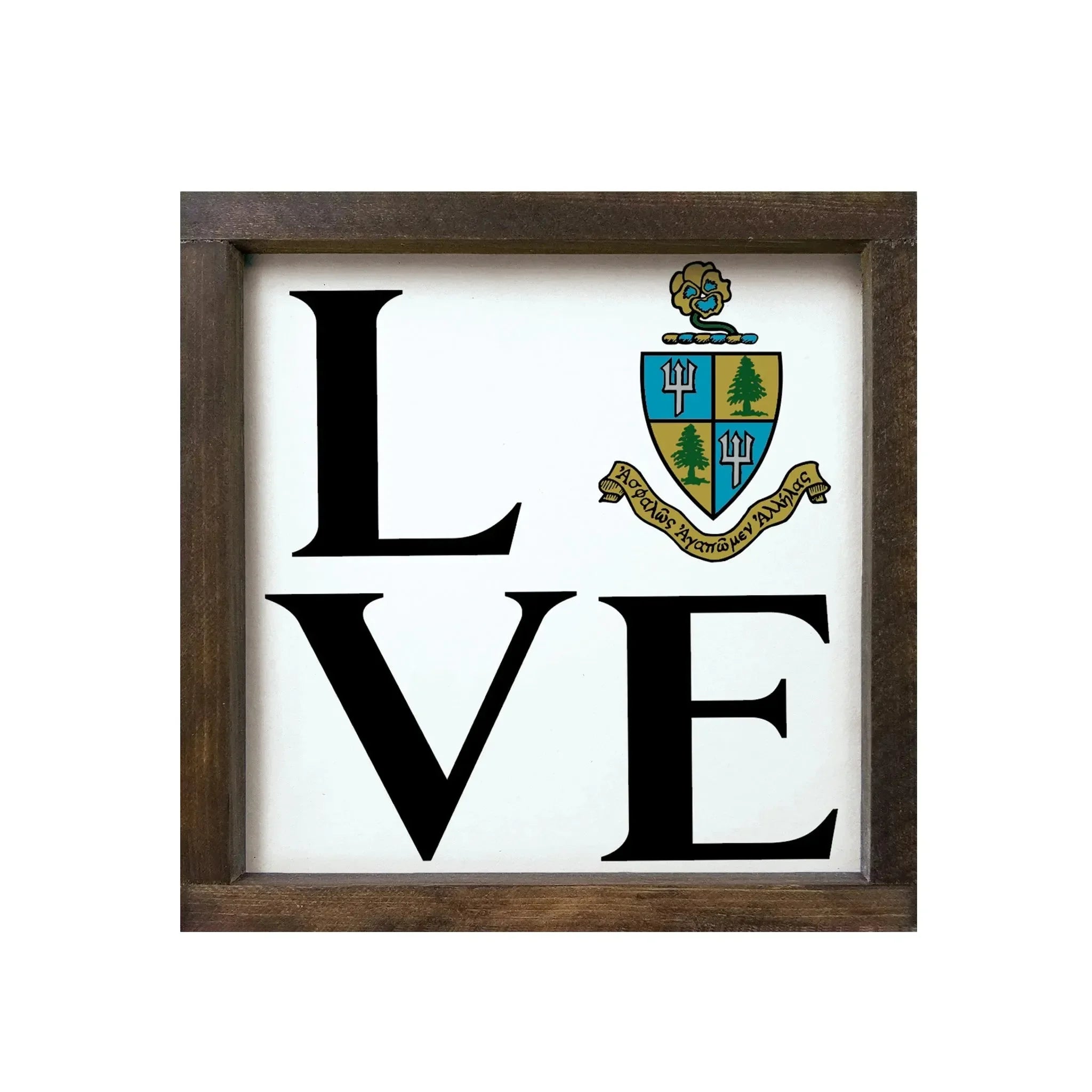 Tri Delta 12x12 "LOVE" Wood Framed Sign - Coat of Arms Walnut Stain Wall Art & Signs
