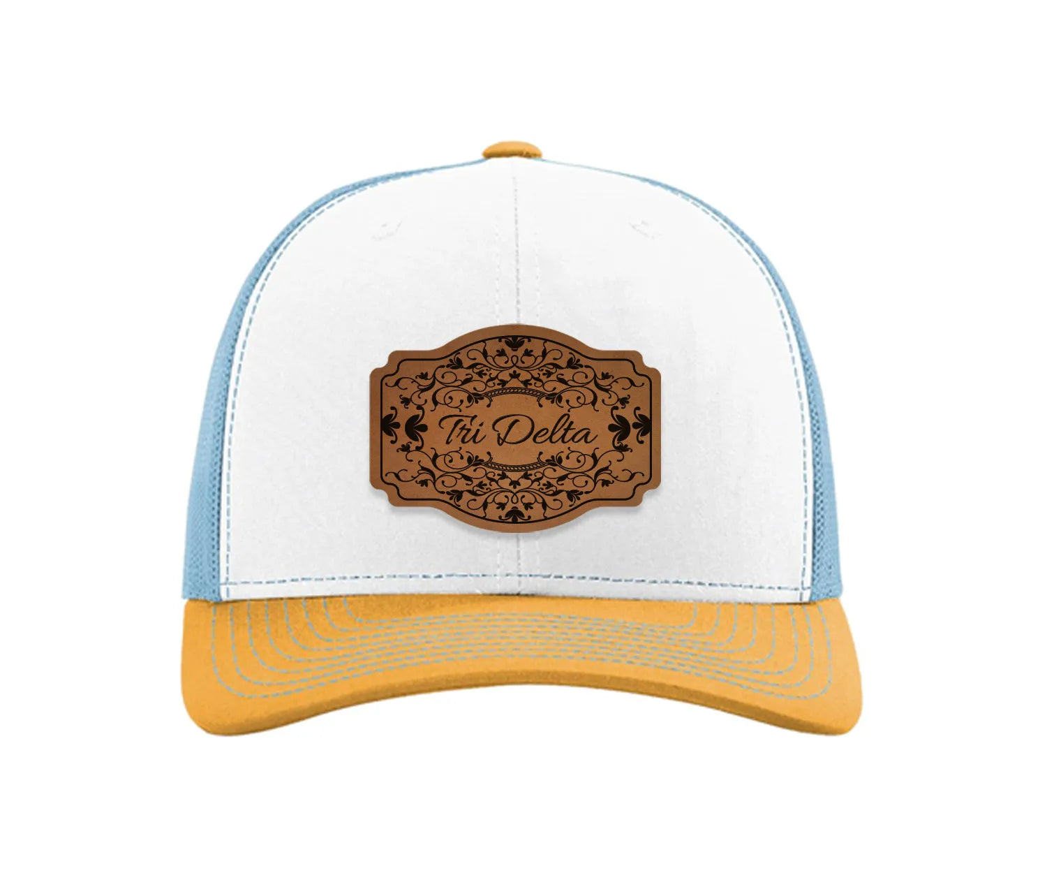 Tri Delta Richardson 112 Leatherette Patch Trucker Hat - Scroll White Blue Yellow