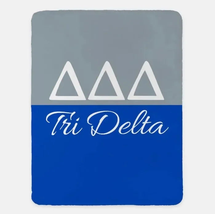 Tri Delta XL 60x80 Sherpa Throw Blanket - Color Block Silver Blue Throw Blankets