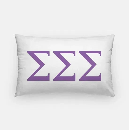 Tri Sigma Lumbar Throw Pillow Cover - Knockout Greek Letters White Violet Pillow Covers
