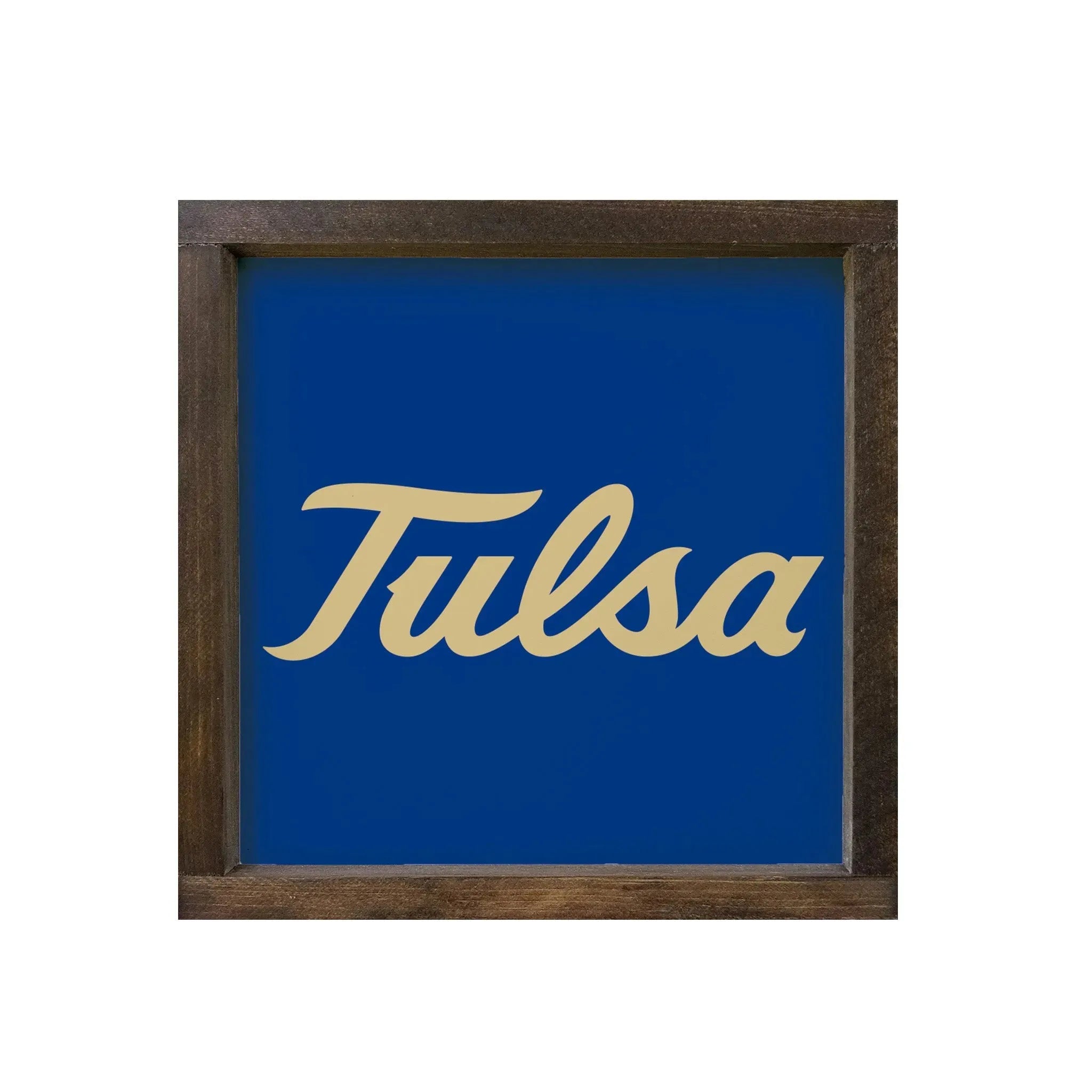 University of Tulsa 12x12 Wood Framed Sign - Blue Script Walnut Stain Wall Art & Signs