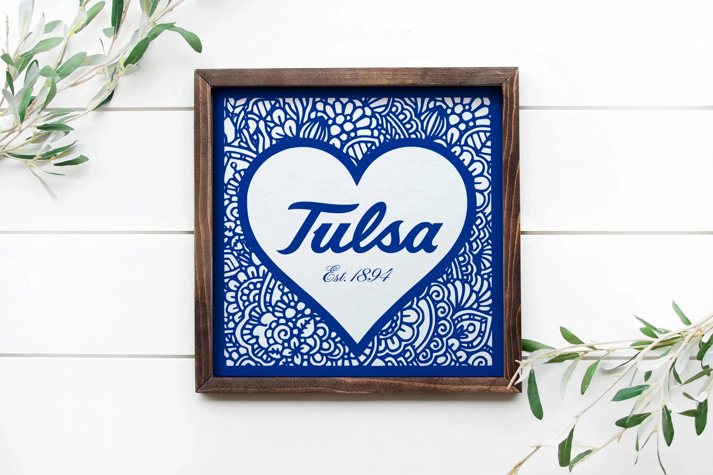 University of Tulsa 12x12 Wood Framed Sign - Blue Mandala Heart Wall Art & Signs