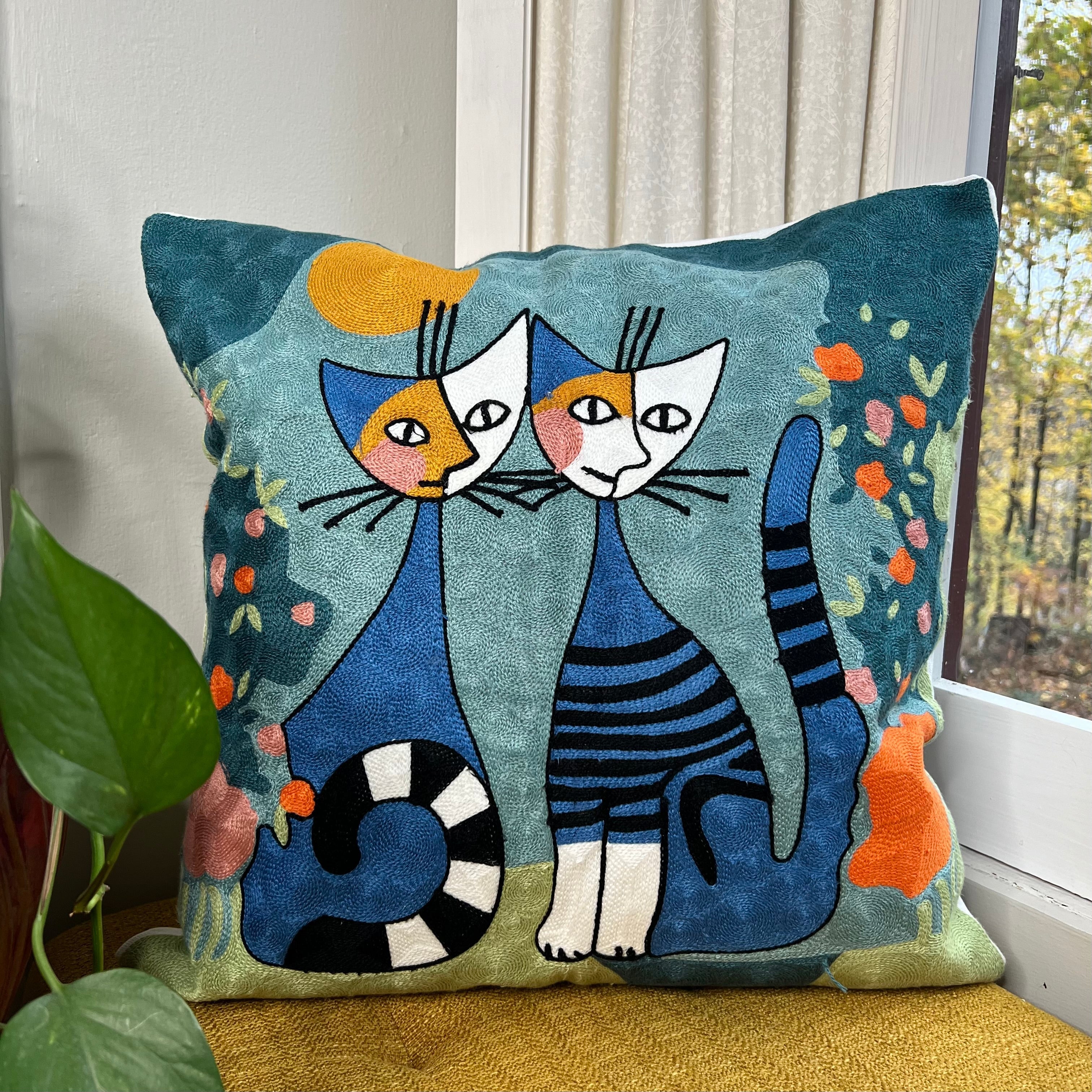 Twin Siamese Cats Embroidered Pillow Cover | Abstract Dorm Decor