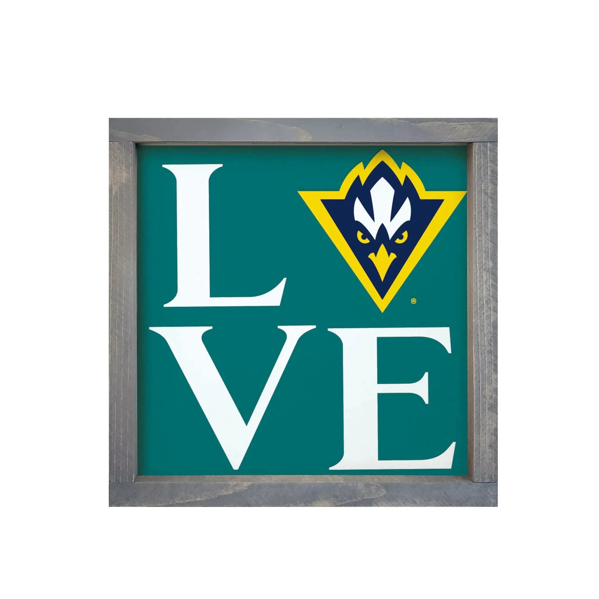 UNC Wilmington Wood Sign "LOVE" - Teal 12"x12" Weathered Gray Wall Art & Signs