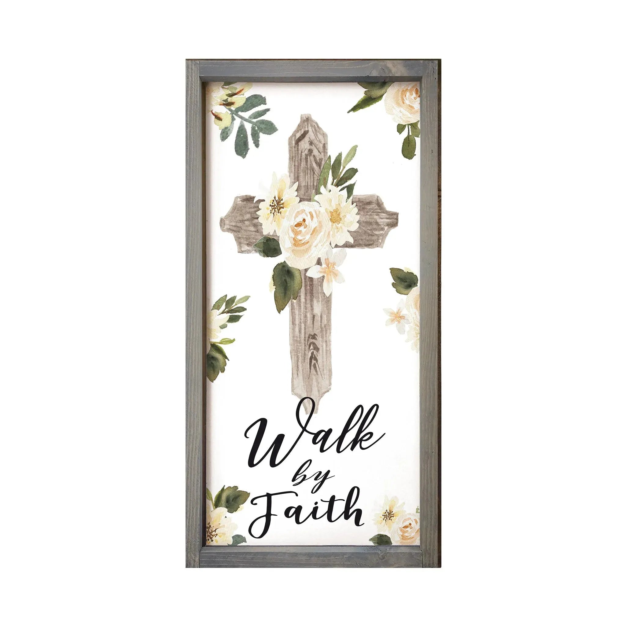 Walk by Faith 12x24 Wood Framed Sign Weathered Gray Wood Frame Wall Art & Signs